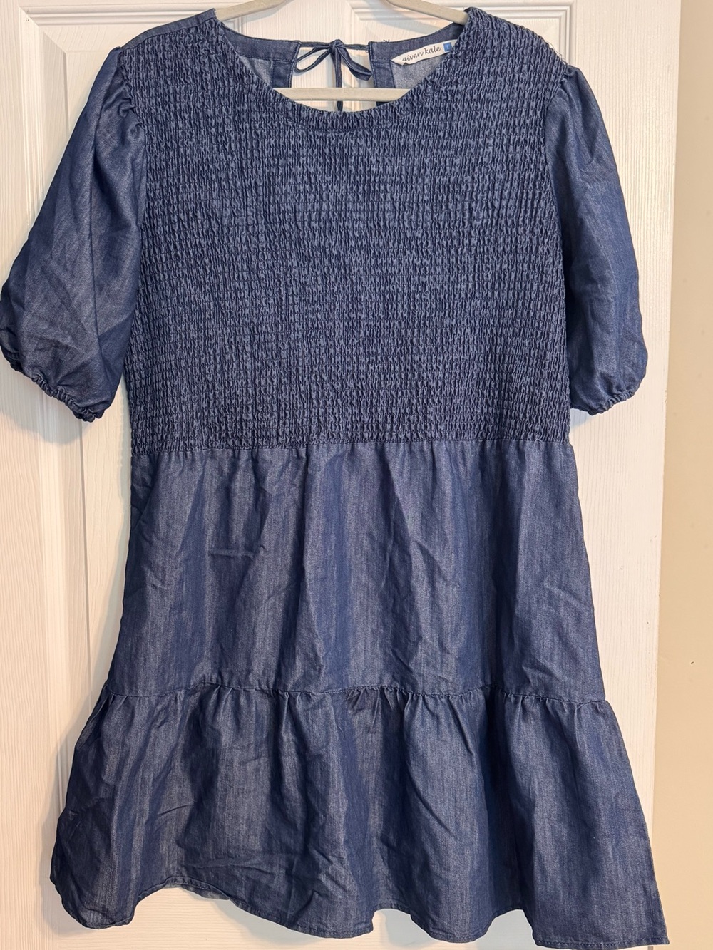 Given Kale Smocked Tie Back Chambray Denim Short Puff Sleeve Babydoll Dress Sz L